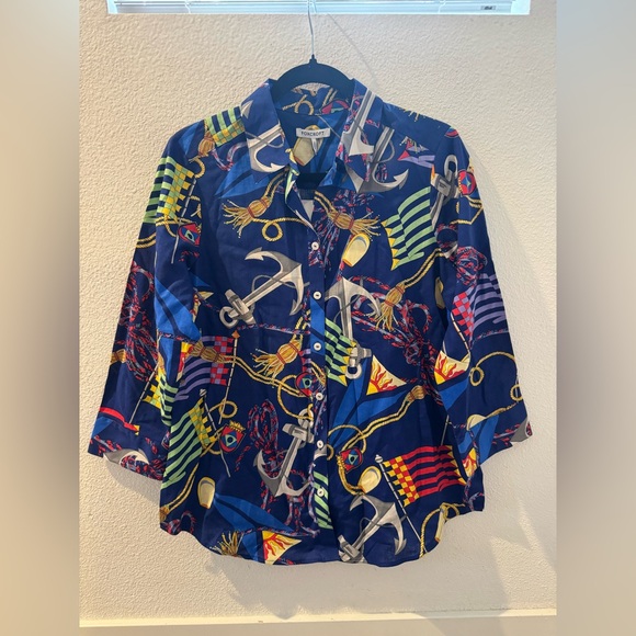 NWT - Foxcroft Zoey Linen Nautical Flags 3/4 Sleeve Shirt - Picture 3 of 14